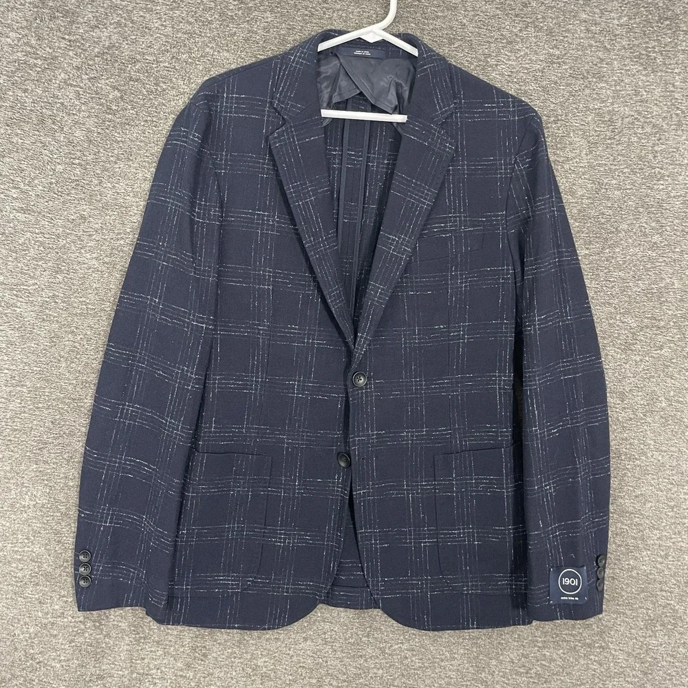 1901 Blazer Mens 40R Blue Plaid Wool Nylon Sport Coat Extra Trim Fit Jacket